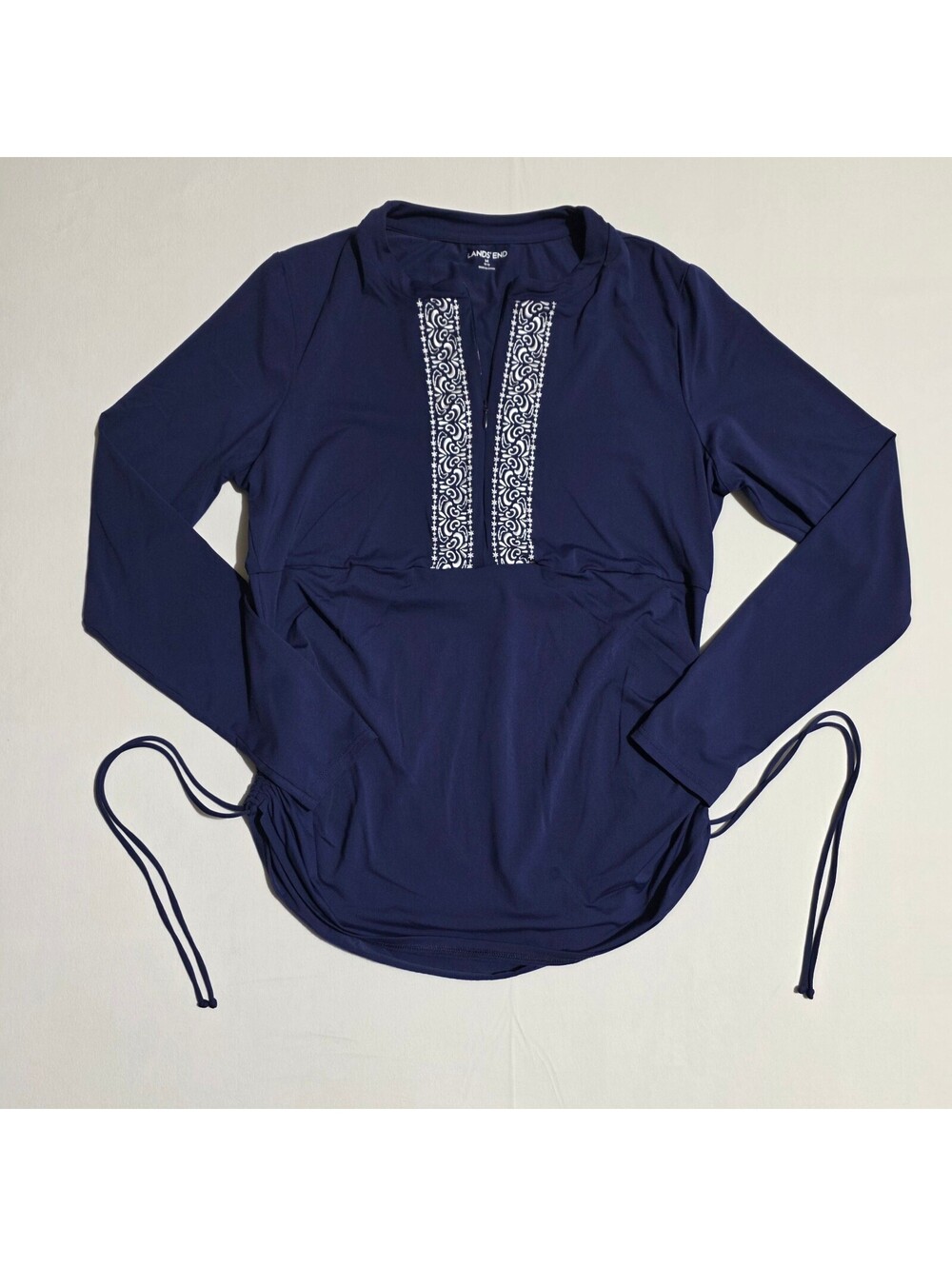 Lands' End Navy Embroidered Rash Guard Swim Tunic Long Sleeve Zip Medium 10-12